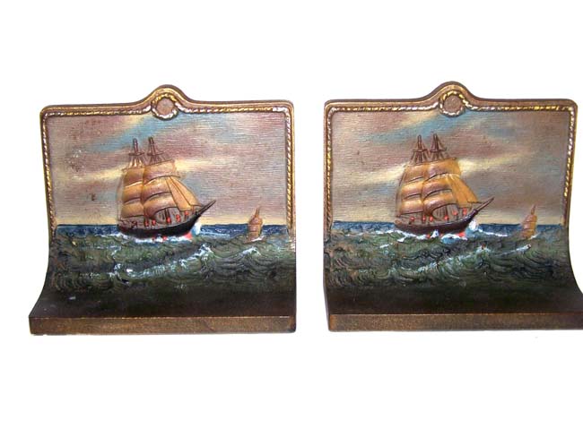 A fine pair of painted Antique Bookends by Bradley & Hubbard depicting a ship at sea — image 2